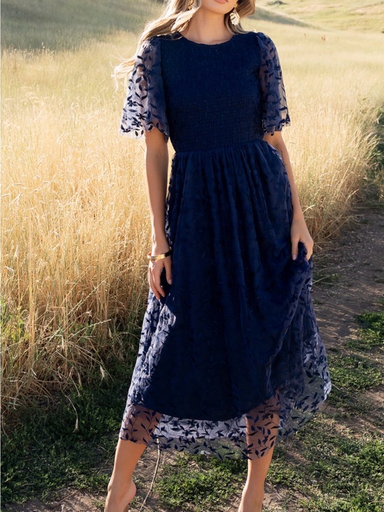 Baltic Born Dresses & Skirts - Baltic Born Navy Blue Midi Dress with Floral Sheer Sleeves